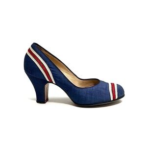 Vintage 1940s royal blue silk red and white stripe slip on pinup heels